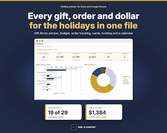 May include: A digital holiday planner for Excel and Google Sheets featuring a dashboard with a budget tracker, gift list, and calendar. The interface displays charts, spending summaries, and the text: Every gift, order and dollar for the holidays in one file.