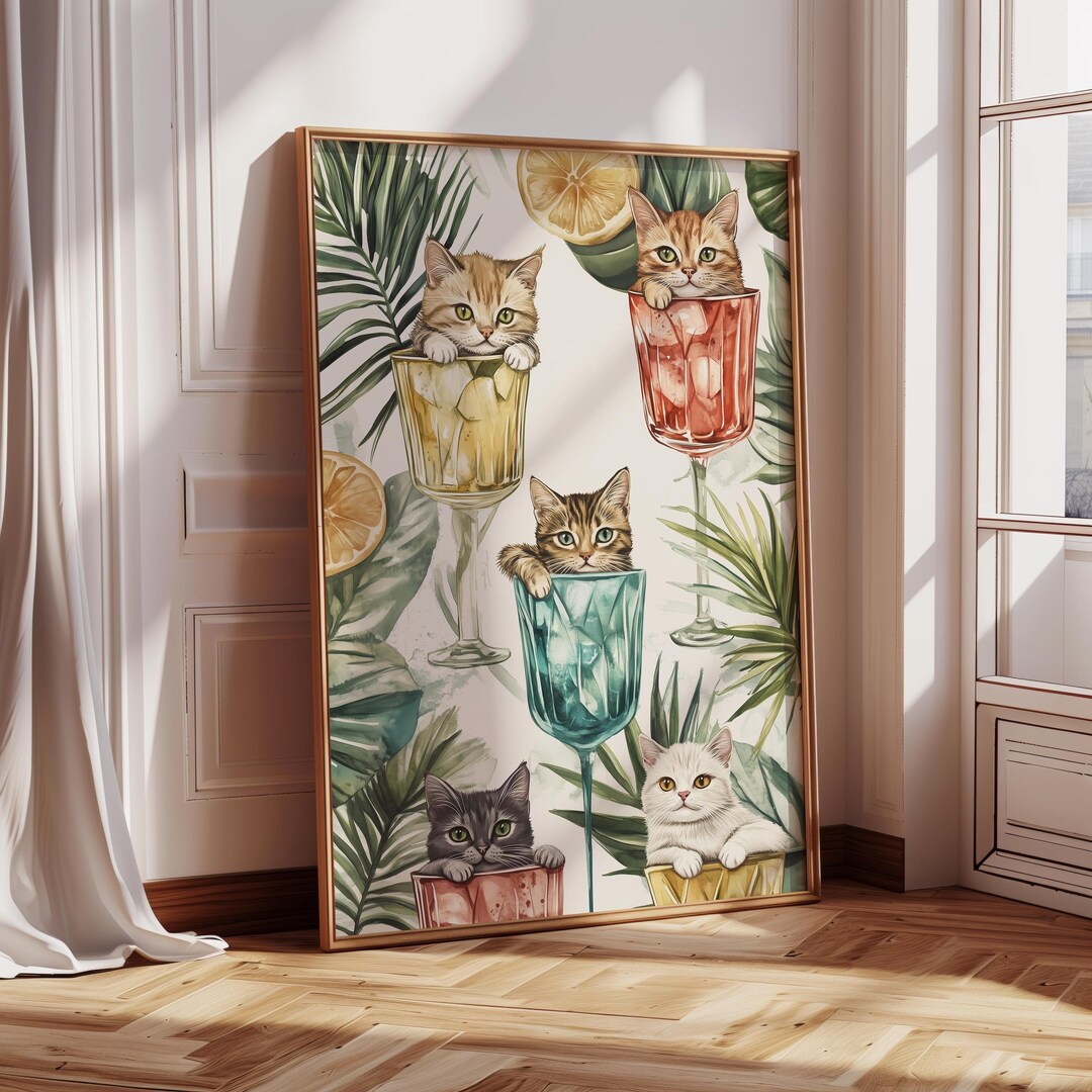 Kittens Cocktail Art Print, Cute Cat Illustration Wall Decor, Whimsical ...