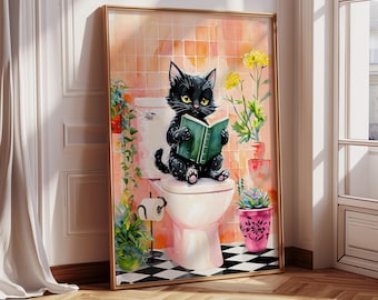 Bathroom Cat Print, Funny Posters, Funny Bathroom Wall Decor Pooping Print Toilet Wall Art Funny Cat Poster Bathroom Wall Art Toilet Poster