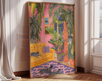 May include: A framed illustration of a living room with a yellow couch, a pink rug with a black and white striped pattern, and a large palm tree in the background. There are three black cats on the rug.