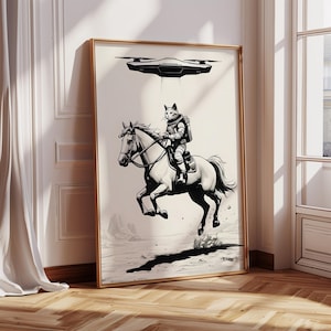 Space Cowboy Cat Wall Art – Eclectic Vintage Art Prints Home Decor – Futuristic UFO Western Print – Black & White Digital Download