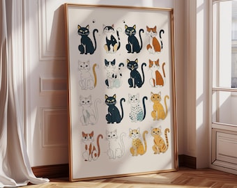 May include: A printable poster featuring an illustration of 16 cats in various poses and colors. The cats are arranged in a grid pattern on a white background.
