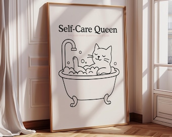 Bathroom Cat Poster & Funny Toilet Print | Quirky Gifts for Cat People | Fine Line Kitty Kitten Cat | Printable Wall Art and Dopamine Decor