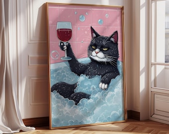 Bathroom Cat Print, Funny Posters, Funny Bathroom Wall Decor | Bath Toilet Poster Cat in Bathtub | Dopamine Decor, Printable Wall Art
