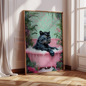 Black Leopard in Bathtub Art Print Black Panther Print Maximalist Wall Art Bathroom Decor Bathroom Wall Art Bathroom Prints Cheetah Poster