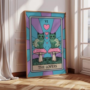 Carte d'amoureux des tarots | Décoration d'intérieur originale | Cadeau pour amoureux des chats | Impressions murales célestes | Art romantique | affiche de tarot romantique | IMPRESSION NUMÉRIQUE
