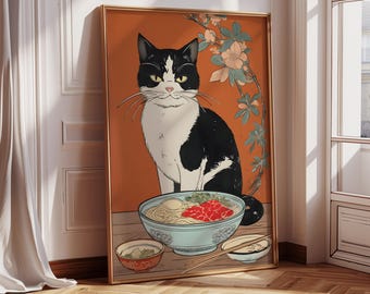 Retro Japanese Poster, Cat Eating Ramen Wall Art -  Quirky Cat Illustration, Printable Kitchen Decor, Cat Lover Gift, Digital Dopamine Decor