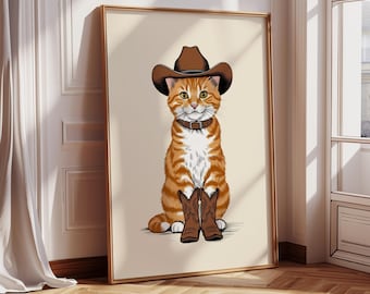 Cowboy Cat Art Print, Western Pet Portrait, Funny Animal Decor, Cat in Cowboy Boots, Cat Illustration, Farmhouse Decor | Printable Wall Art