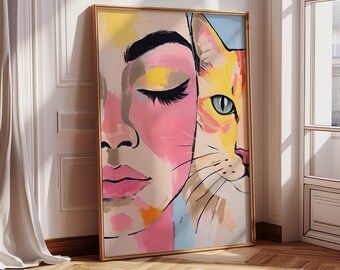 Cat Wall Art | Woman with Cat Portrait Print | Colourful, Vibrant, Modern Maximalist Abstract Poster | Digital Download, Dopamine Decor