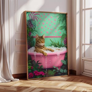 Whimsical Tabby Cat Wall Art - Pink Bathtub Decor, Funny Cat Print, Aesthetic Animal Artwork, Tropical Bathroom Poster, Digital Download