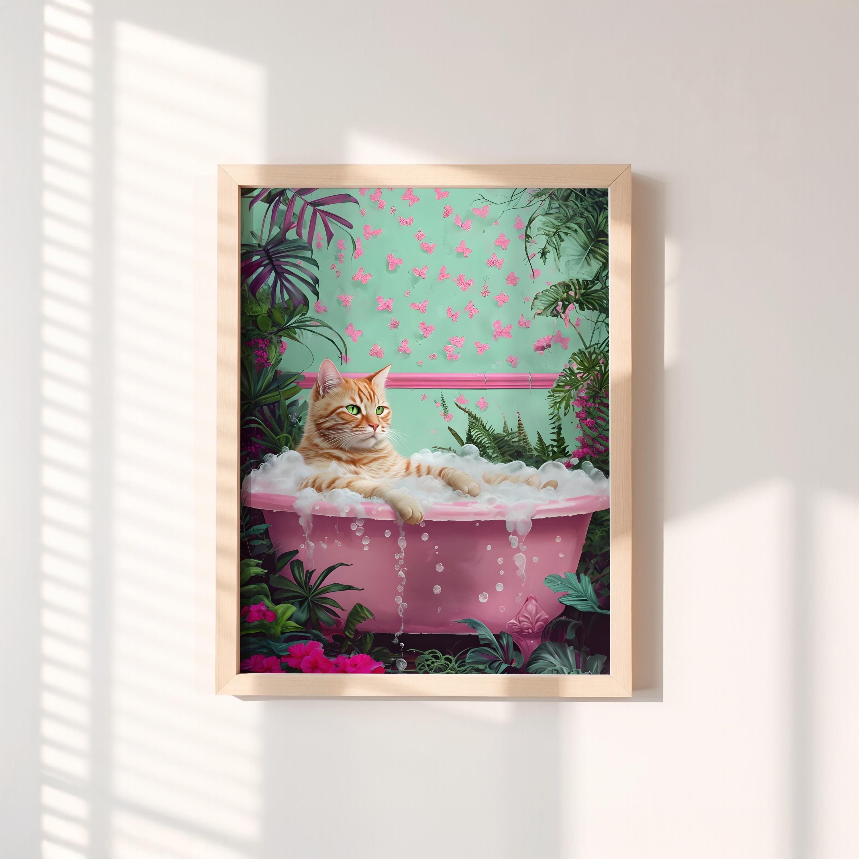 Whimsical Ginger Cat Wall Art - Pink Bathtub Decor, Funny Cat Print ...