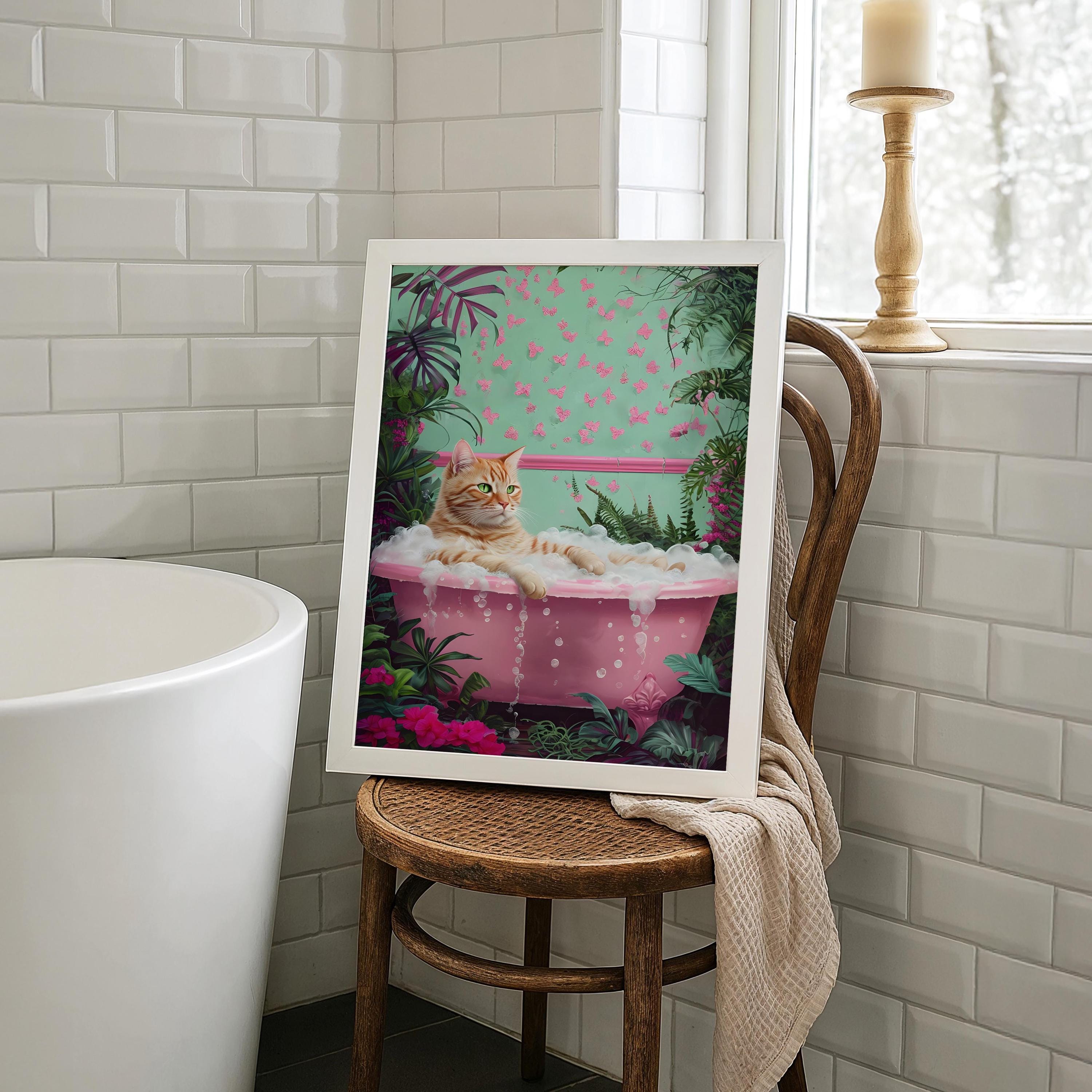 Whimsical Ginger Cat Wall Art - Pink Bathtub Decor, Funny Cat Print ...
