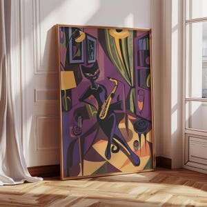 May include: A framed art print featuring a stylized black cat playing a gold saxophone. The cat is depicted in a seated position within a room with purple and gold decor. The artwork has a vintage, jazz-inspired aesthetic.