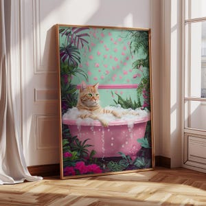 Whimsical Ginger Cat Wall Art - Pink Bathtub Decor, Funny Cat Print, Aesthetic Animal Artwork, Tropical Bathroom Poster, Digital Download