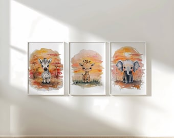 Baby Safari Animal Prints - Set of 3 Giraffe, Elephant and Zebra Posters, Nursery Decor & Kids Room Wall Art, Printable Wall Art Decor