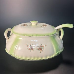 Vintage Ceramic Soup Tureen with Lid and Original Ladle, Off White and Green, Rose Pattern