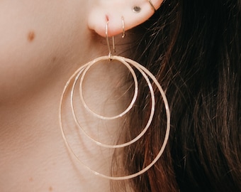 Triple Hoop earrings in 14K Gold fill or Rose Gold Fill, hammered hoop earrings, delicate hoop earrings, 2 inch hoop earrings