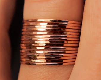 Set of 15 Hammered Ultra Thin Rings, 14k Rose Gold Fill, super skinny, maximalist stack, pack of rings, inclusive sizes, 0.7mm, threadbare
