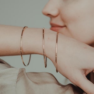 Lined Bangle | Gold, Rose, Silver | Elegant minimalist, hand notched lines, modern, thin gold bracelet, everyday, lightweight unique texture
