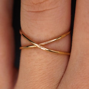 May include: A gold-toned ring with a simple, crossed band design. The ring is worn on a finger.