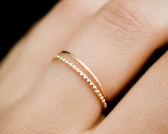 Ultra Thin Lined Set of 2 Stacking Rings, 14K Gold Fill, 14K Rose Gold Fill or Sterling Silver, bark ring, texture, stack set, stackable