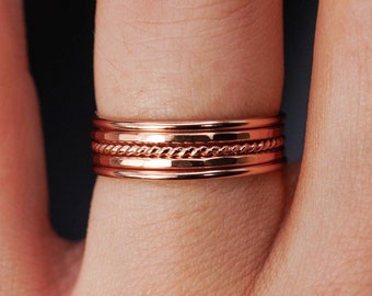 Conjunto clásico Twist de 5 anillos / chapado en oro rosa de 14 quilates / paquete de anillos, anillo de cuerda, anillo apilable de grosor medio, para uso diario, minimalista, delicado, sencillo
