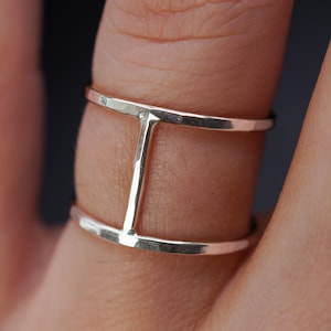 Large Cage Ring | Sterling Silver | Custom Sizing | Smooth or Hammered | double bar, H, wide, stacked connected, reversible, unisex ring