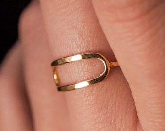 SOLID Stadium Ring, 14K Gold, open rounded horizontal rectangle ring, infinity ring, elongated ring, hammered geometric ring, rectangle