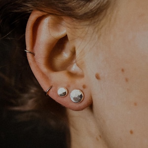 Pebble Stud Earrings | Sterling Silver | Hand formed circular melted silver nuggets, sparkly minimalist alternative studs, unisex, organic