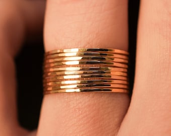 Set of 10 Hammered Ultra Thin Gold Filled Stacking Rings, stackable rings, dainty rings, maximalist, big stack, huge pack of rings gift idea