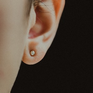 May include: A close-up of a person's ear with a small, round, silver earring. The ear is partially visible, with the lobe and part of the helix showing. The earring is a simple stud with a small, clear stone.