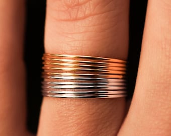 Set of 10 Mixed Metal Ultra Thin Rings, 14k Gold Fill and Sterling Silver Stacking Rings, stackable ring, maximalist stack, SMOOTH polished