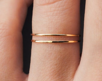 Mixed Finishes Ultra Thin Set of 2 Rings, gold silver or rose, smooth & hammered skinny, slender, thinnest, delicate, threadbare, stacking