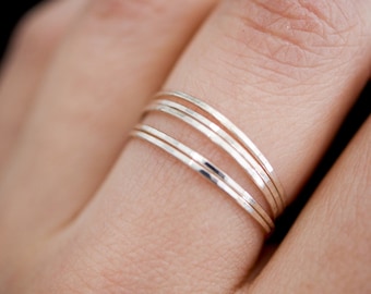 Set of 5 Ultra Thin Stacking Rings | Sterling Silver | hammered, smooth, stackable pack of minimalist super skinny bands, threadbare, dainty