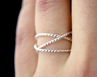 Thick Twist Wraparound Ring, 925 Sterling Silver wrap, wrapped criss cross, woven, infinity, intertwined overlapping texture bark twisted