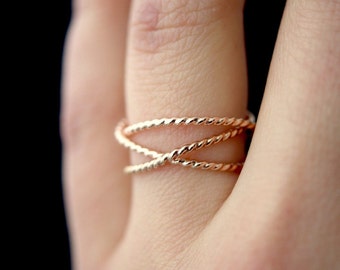 Twist Wraparound Ring, 14K Rose Gold Fill, wrap, wrapped criss cross woven, infinity, intertwined overlap texture bark twisted sparkle disco