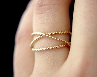 Twist Wraparound ring, 14K Gold Fill, wrap, wrapped criss cross, woven, infinity, intertwined overlapping texture bark twisted sparkle disco