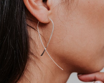 Ribbon Threader Hoops in Sterling Silver, Threadable hoop earrings, delicate, open loop shape, hammered, pair, minimalist earrings, skinny