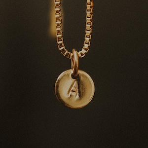 Puede incluir: Un collar dorado con una cadena delicada y un pequeño colgante redondo. El colgante presenta la letra "A" en una fuente simple y elegante. El collar se muestra sobre un fondo oscuro, resaltando sus cálidos tonos metálicos.