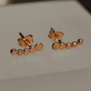 May include: A pair of rose gold earrings with a curved row of small circles.