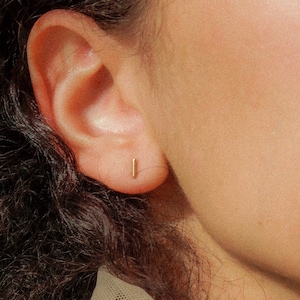 SOLID 14K Gold Tiny Bar Stud earrings in | 5mm short gold bar, small earring, minimalist, tiny, single stud, second piercing, single or pair