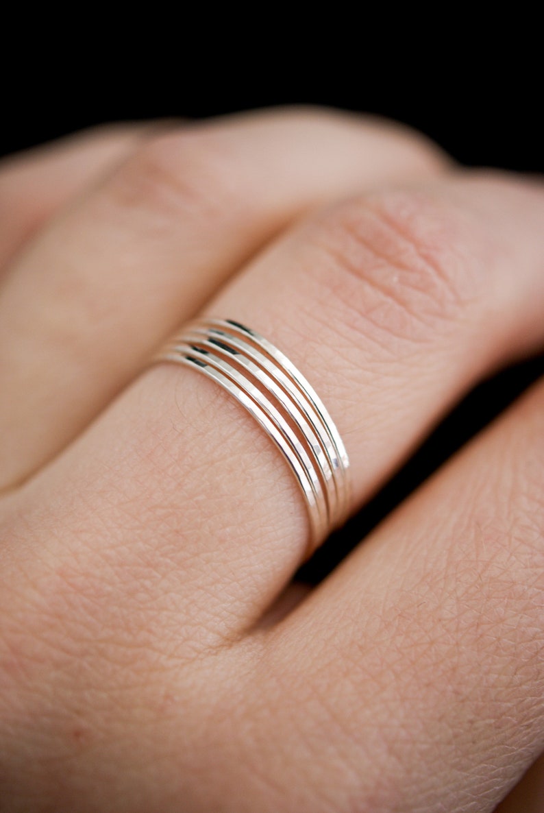 Sterling Silver stack ring set of 5, ultra thin, skinny silver stacking rings, hammered silver stacking ring, sterling ring set image 2