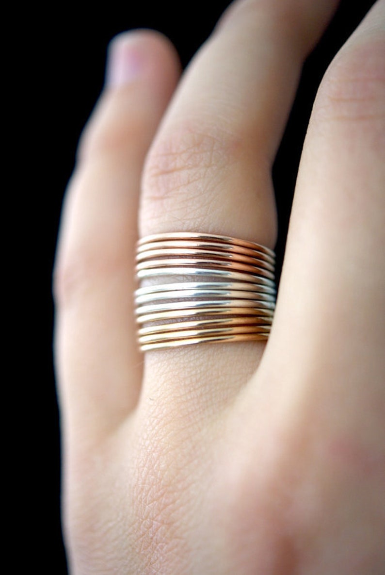 Rose Gold stack rings, set of 4, Medium Thickness, rose gold fill stacking rings, delicate rose gold stack ring, hammered rose gold ring, image 3