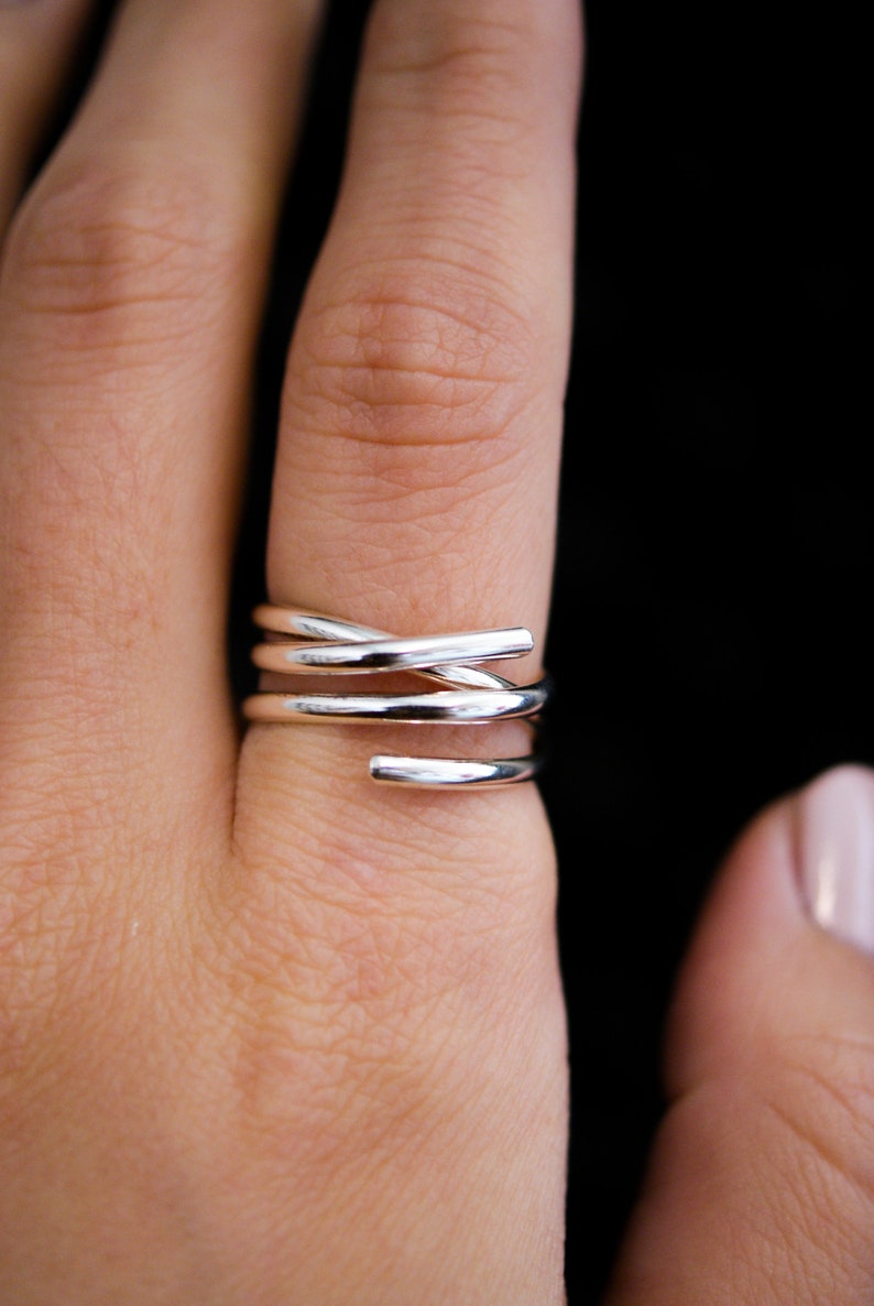 Open Spiral Ring in Sterling Silver, wrapped criss cross ring, woven, infinity, intertwined, overlapping, thumb ring, unisex adjustable Silver