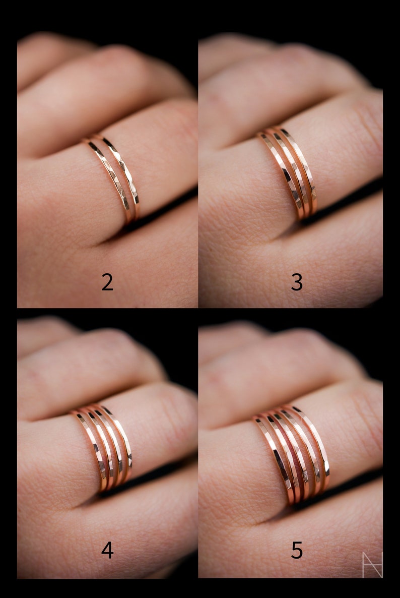 K&ouml;nnte beinhalten: Auf einem Finger werden ros&eacute;goldene Ringe mit geh&auml;mmerten Strukturen gezeigt. Das Bild zeigt Variationen mit zwei, drei, vier und f&uuml;nf Ringen. Die Zahlen 2, 3, 4 und 5 sind im Bild zu sehen.