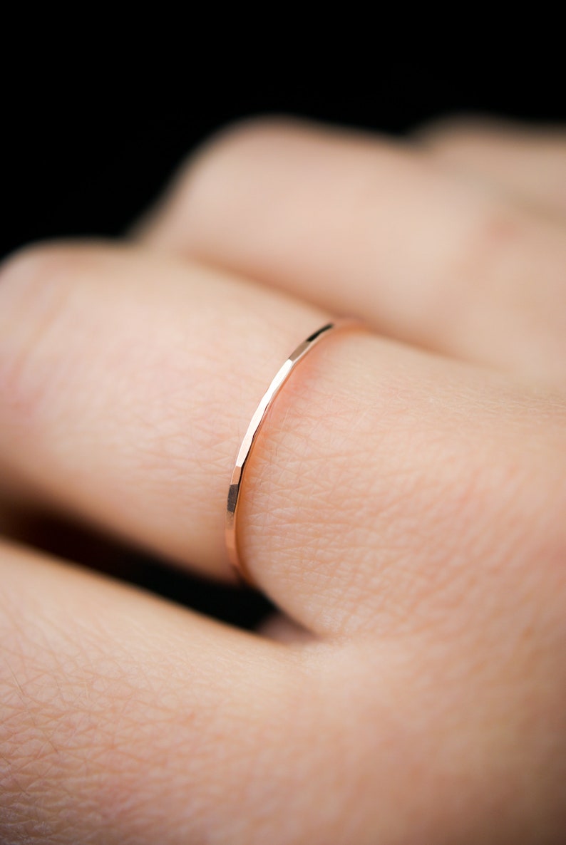 Rose Gold Ultra Thin Stacking ring, super skinny, extra thin, thinnest, slender, 14k rose gold fill, stackable, delicate, threadbare, .7mm Single - Hammered