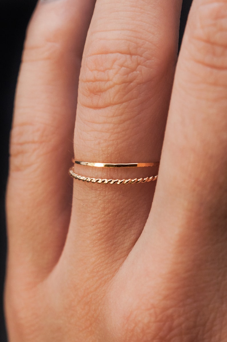 SOLID 14K Gold Twist stacking rings, gold stack ring, skinny gold stackable ring, 14k gold twist ring set, delicate gold ring, set of 2 image 3