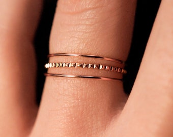 Ultra Thin Lined Set of 3 Stacking Rings, bark texture stack set, stackable smooth and notched, 14k gold fill, rose gold or sterling silver