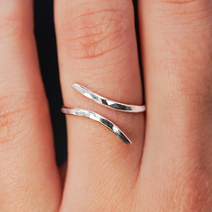 Open Curve Ring | Sterling Silver | Unsoldered cuff adjustable | Simple refined contemporary stacking bypass | Lightly hammered asymmetrical