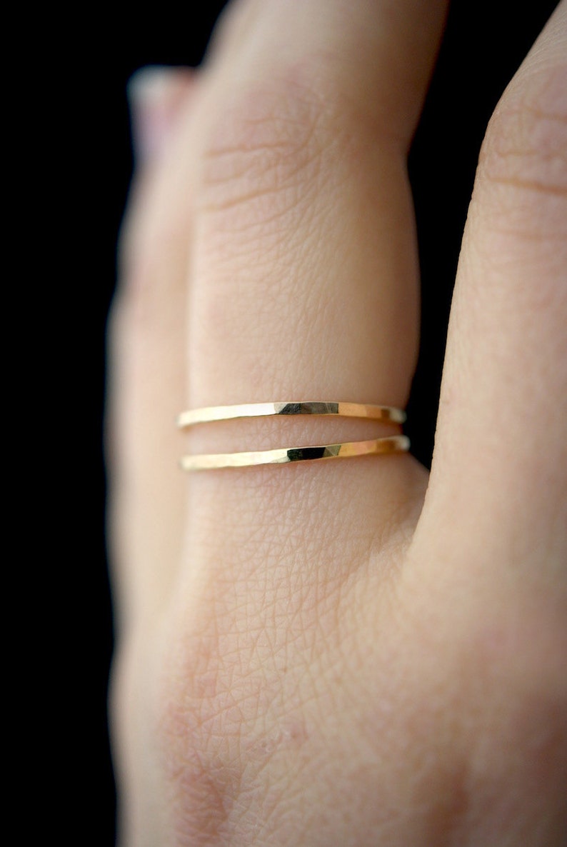 Set of 2 Medium Thickness Gold stacking rings, thin gold filled stacking rings, 14k gold fill ring, hammered gold stack rings, 14k gold ring image 6